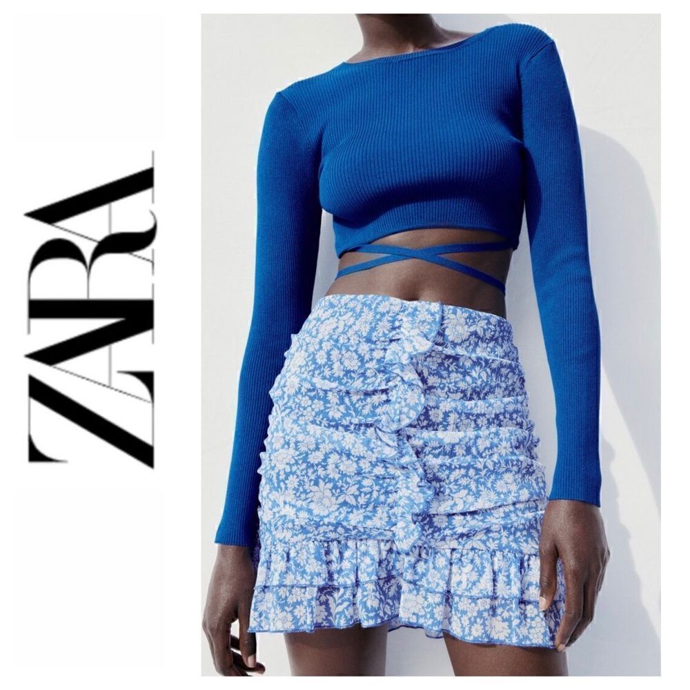 NWT Zara Floral Print Draped Ruffled & Gathered High Waisted Mini Skirt, Medium